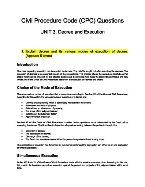 CPC Unit 3: Understanding Decrees and Their Execution Methods - Studocu