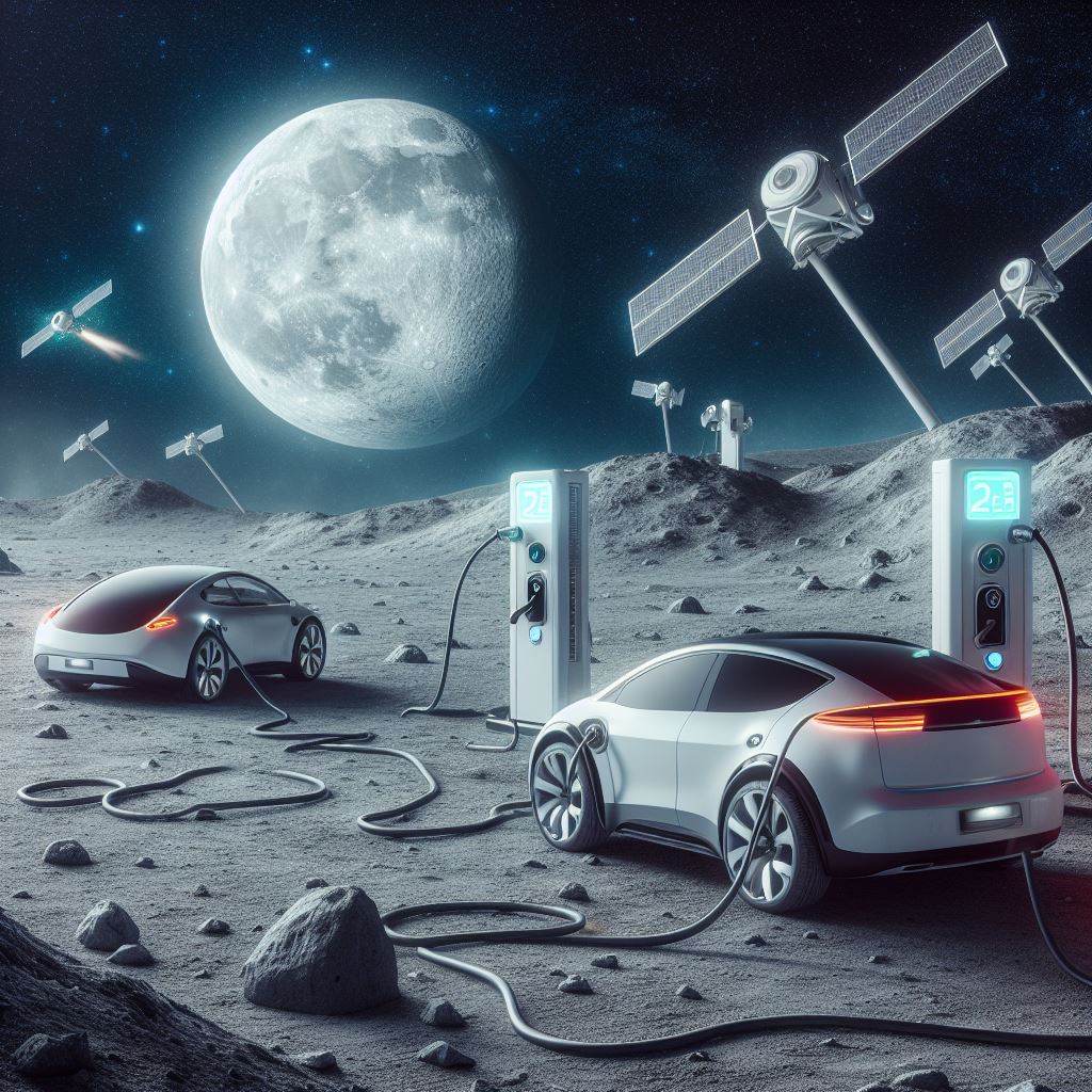 Image of electric cars driving on the moon with charging stations