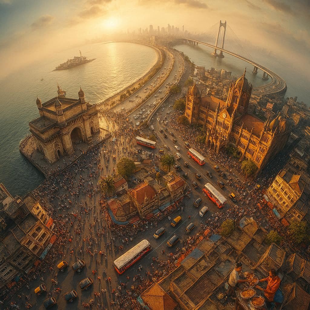 Hyper-realistic 9:16 poster, 3D spherical panorama of Mumbai from aerial drone view. Iconic landmarks: Gateway of India, CST, Marine Drive, Bandra-Worli Sea Link, Haji Ali. Vibrant street life: crowds, BEST buses, rickshaws, vendors with street food. Golden-hour light, cinematic colors, soft haze, sharp photorealistic detail, dynamic movement.