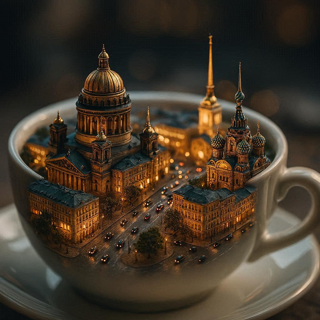 A close-up macro shot of a porcelain coffee cup containing the entire tiny city of Saint Petersburg with its main luminous sights, miniature streets, tiny moving cars, photorealistic lighting, depth-of-field blurring, bizarre and magical atmosphere, over-detailed, cinematic realism 8K.