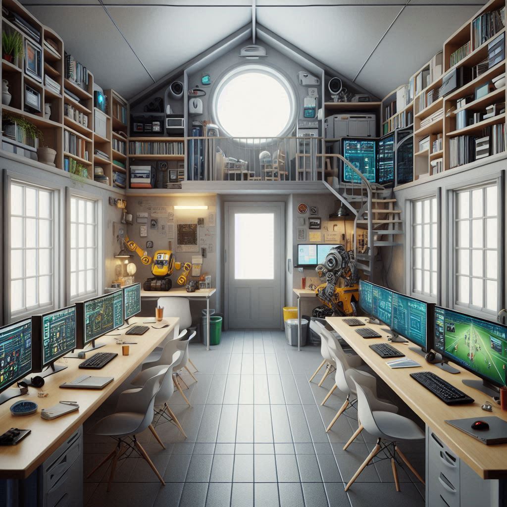hyper-realistic image of a computer lab inside a shape-shifter house, featuring a computer lab, a robot racing area, an eating space, and school sections