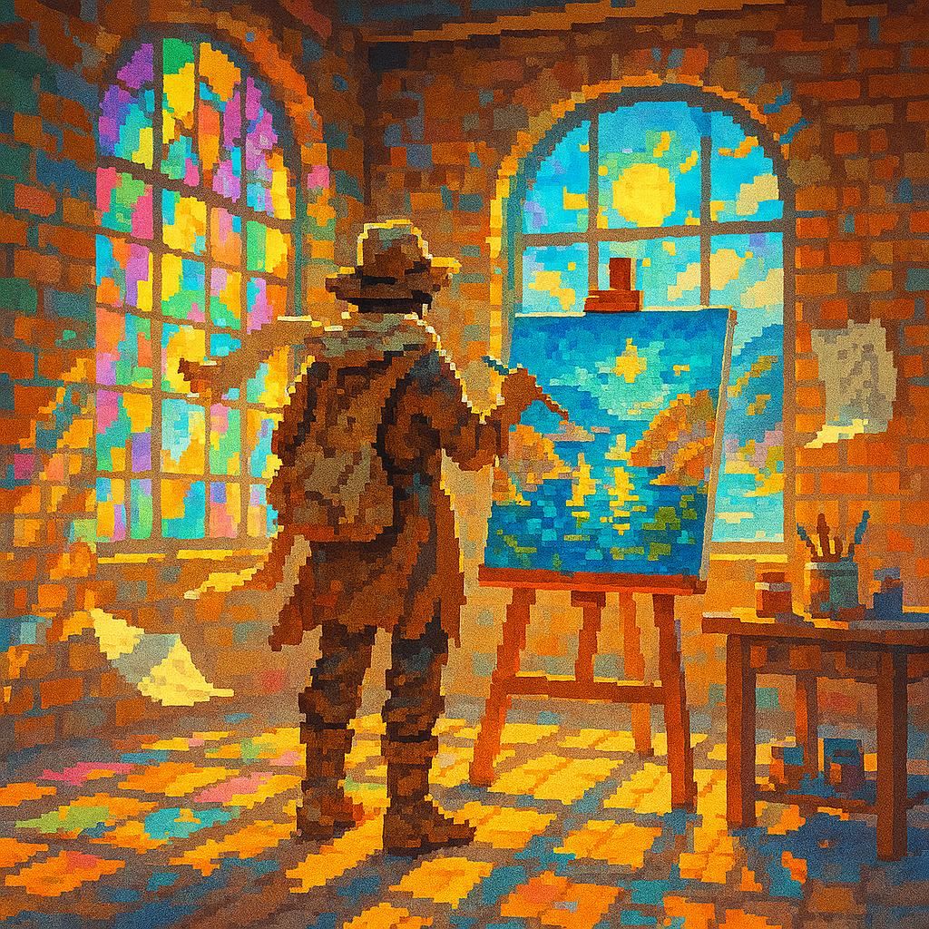 In a bright sunlit loft, seen from behind, a travel-worn nomad in dusty boots and a sun-bleached scarf holds a brush above a vivid canvas depicting a radiant cove with white sails. Pastel light through colorful stained glass dances across weathered brick walls, while a gentle breeze lifts a loose sketch page. Pixel Art Style, enhanced brightness, no dim or dark lighting.