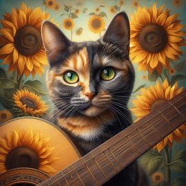 Ethereal, hyper realistic image of short-haired tortoiseshell cat with green/yellow eyes with sunflowers in the background and full guitar with six strings in foreground with cat with Frida Kahlo style. Image 2 of 4