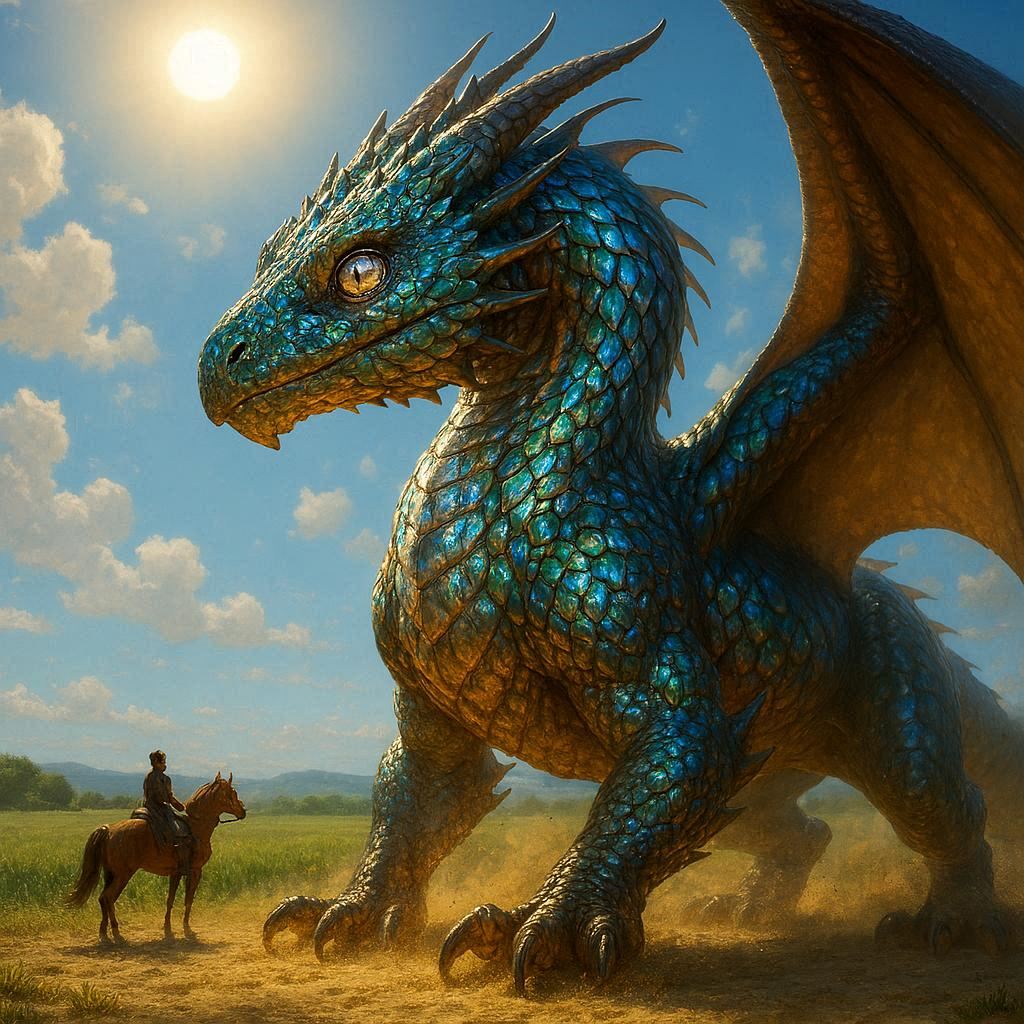 Under the blazing sun, the dragon’s shimmering iridescent scales gleam like living jewels, each facet catching brilliant light; drifting white clouds reflect in its intense amber eye. Powerful talons churn golden dust, vast wings quiver in the heat. In the distance, a tiny rider on a chestnut horse parts the rippling green grass, staring up at the towering beast, scene brightly lit, photorealistic.