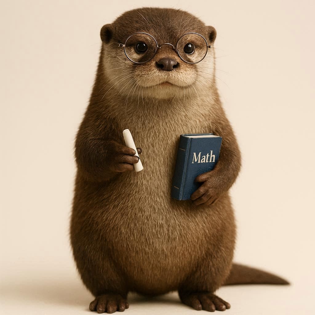 A realistic, photo-realistic otter designed as a cute math teacher. The otter has a round body, soft brown fur, and a gentle, intelligent expression. It is standing upright, wearing small round glasses and holding a piece of chalk or a math book. Full-body shot showing the otter from head to toe. The background is minimal and clean. Studio lighting, shallow depth of field.