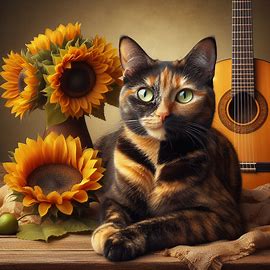 photorealistic photo of a tortoiseshell cat with light green-yellow eyes, sunflowers in the background, and a classical guitar. Image 4 of 4