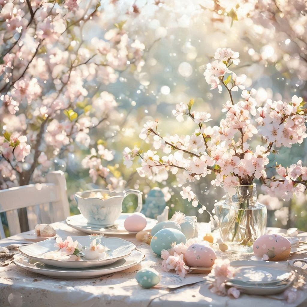 a cozy Easter table scene in soft pastel tones. Include blooming spring flowers, decorated eggs, and delicate tableware arranged on a rustic surface. Use gentle sunlight, dreamy bokeh, and a blurred garden view in the background. Apply light pinks, baby blues, and warm yellows. Emphasize a whimsical, peaceful atmosphere with soft shadows, airy textures, and a warm seasonal glow.。第 1 个图像，共 3 个图像