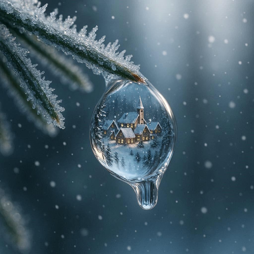 Ultra photorealistic 4K macro: a melting ice droplet on a frosted pine needle refracts an upside-down snowy Christmas village. Early morning light, soft highlights, cool shadows, blurred pine forest background. Sharp frost details, smooth droplet tension, realistic distortion, falling snow, perfect macro focus.