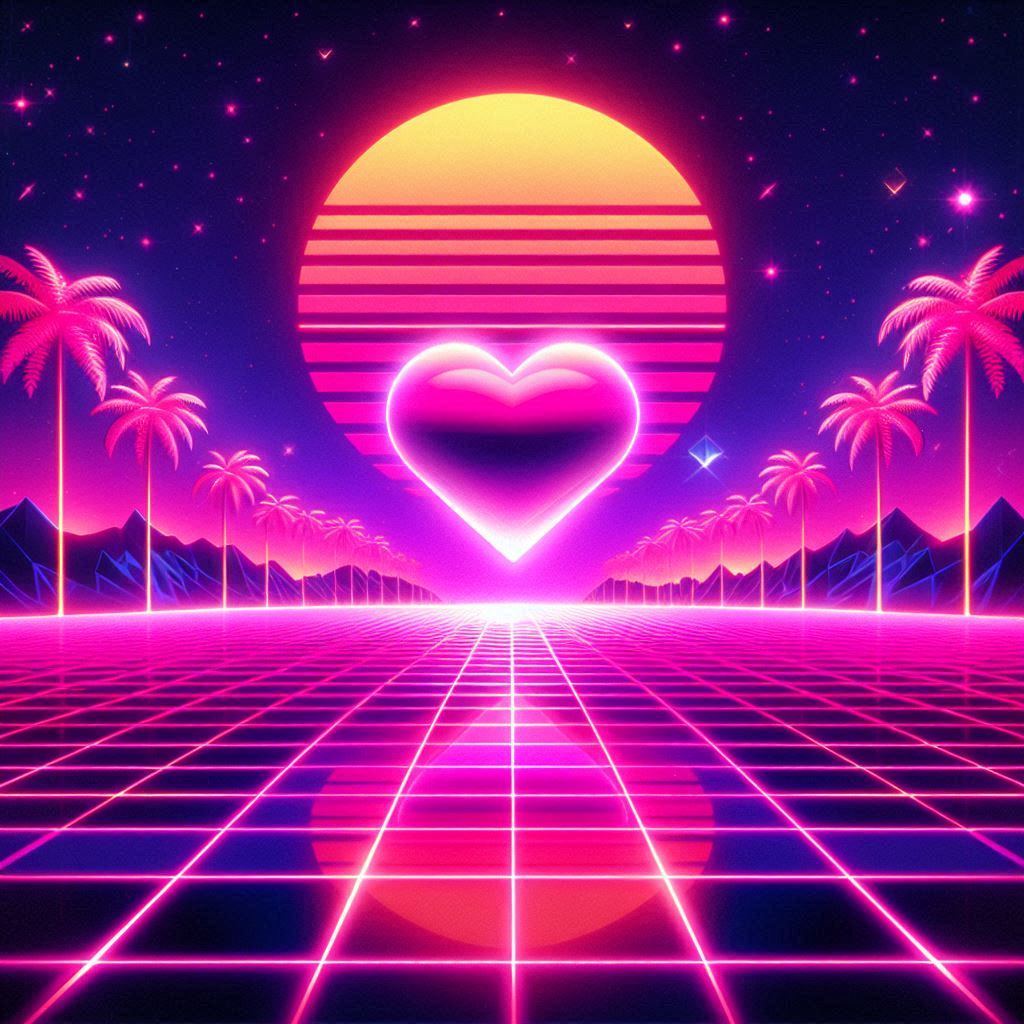 A neon‑drenched 80s synthwave landscape with a giant glowing heart sun setting behind palm trees, retro grid floor reflecting pink and purple hues, bold Valentine style.. Image 4 of 4