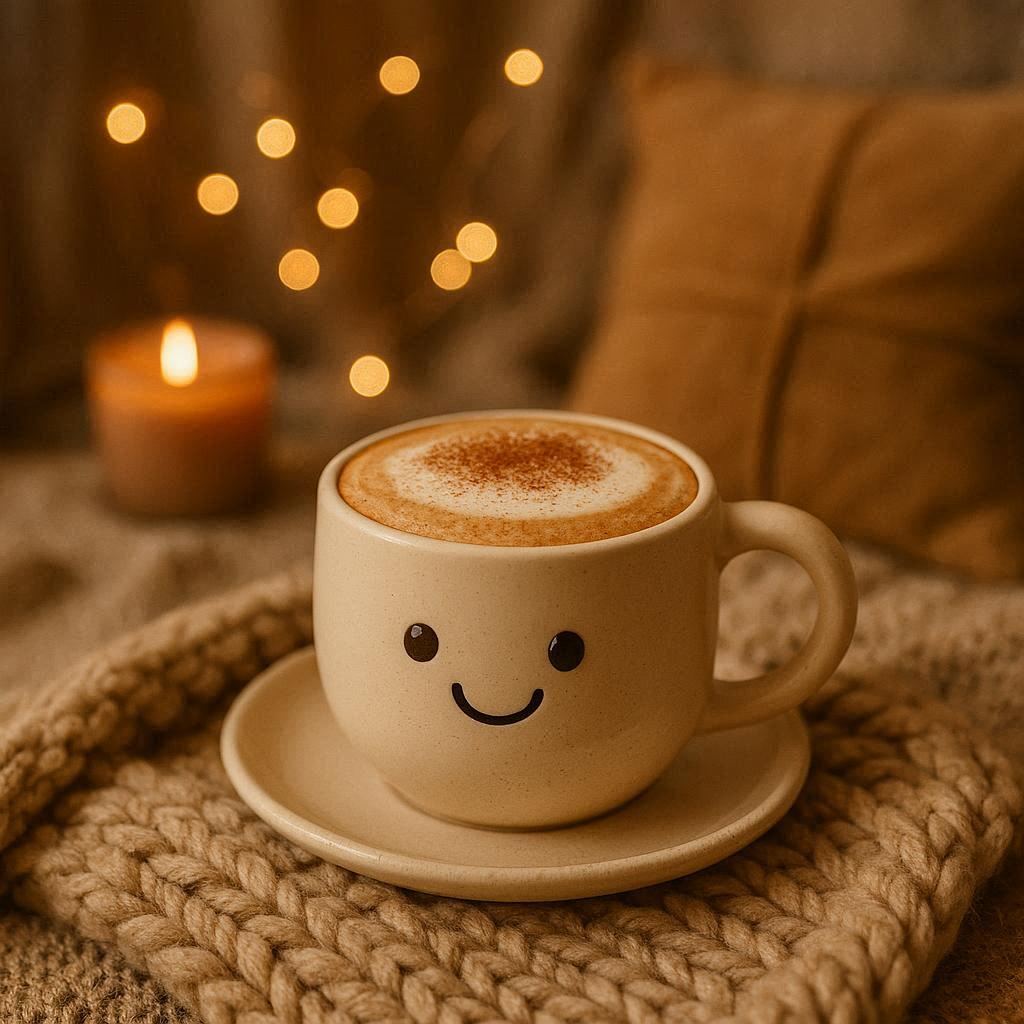 cute coffee mug with cappuccino in a cozy environment