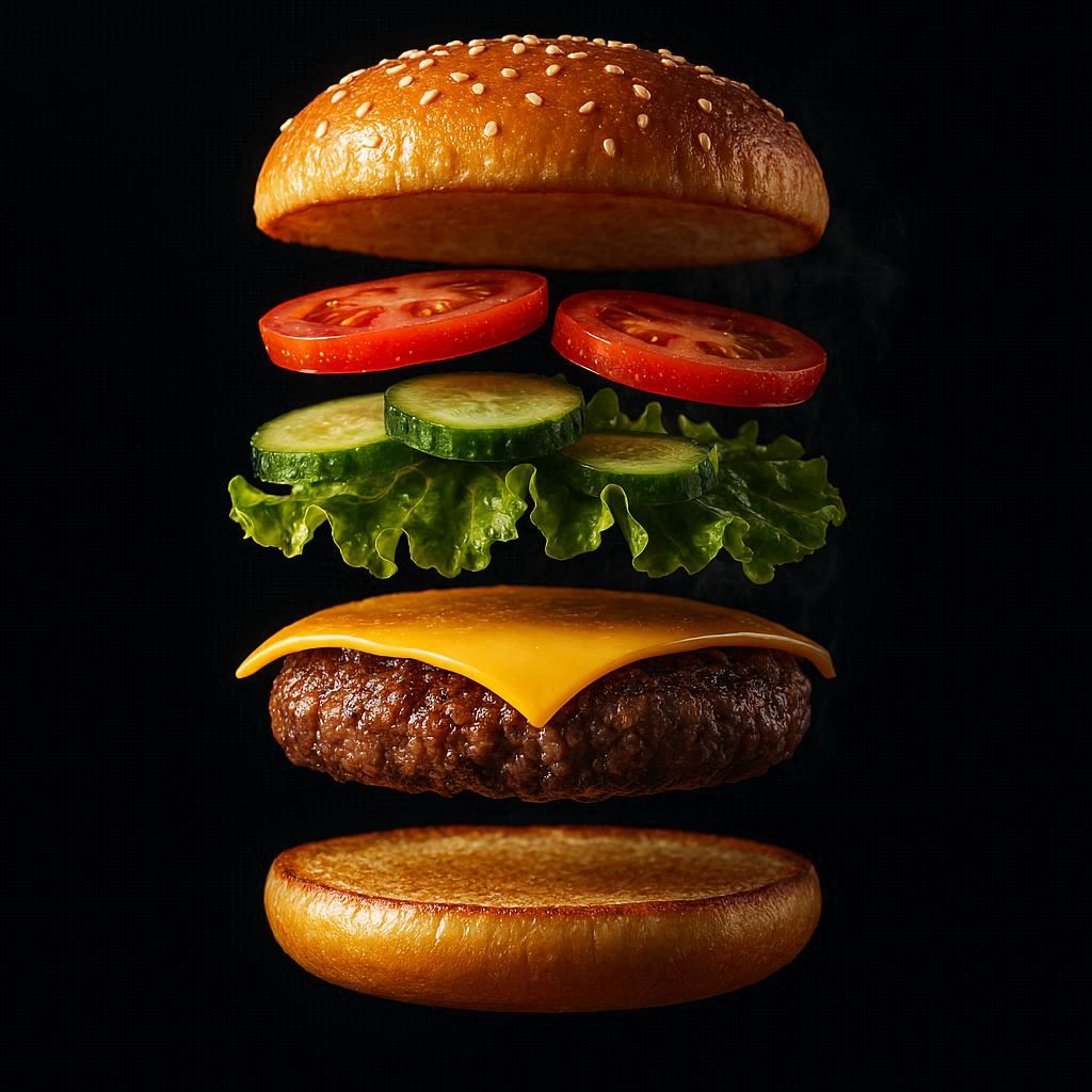 A realistic, highly detailed juicy burger floating in the air against a black background. All the ingredients (patty, tomatoes, cucumbers, lettuce, processed cheese) are also floating separately, arranged in perfect order, as if about to assemble into a delicious multi-layered burger. The lighting is dramatic, emphasizing textures: drops of moisture, glossy vegetables, and smoke from the hot patty. Style: hyperrealism, 8K, HDR.