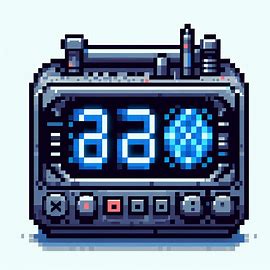 a pixel-art icon with 48 pixel width and 30 pixel height, no less than 256 colors, depicting a digital clock that looks like a radio alarm clock. Image 2 of 4