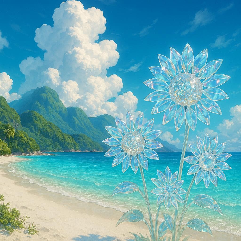 Cyclaeon's humid but refreshing summer: crystal clear, cyan seas, lush mountains, white sandy beaches, cyan-blue skies, lots of cumulonimbus clouds, and iridescent, crystalline, translucent, mirror sunflowers with white, diamond-clustered centers.