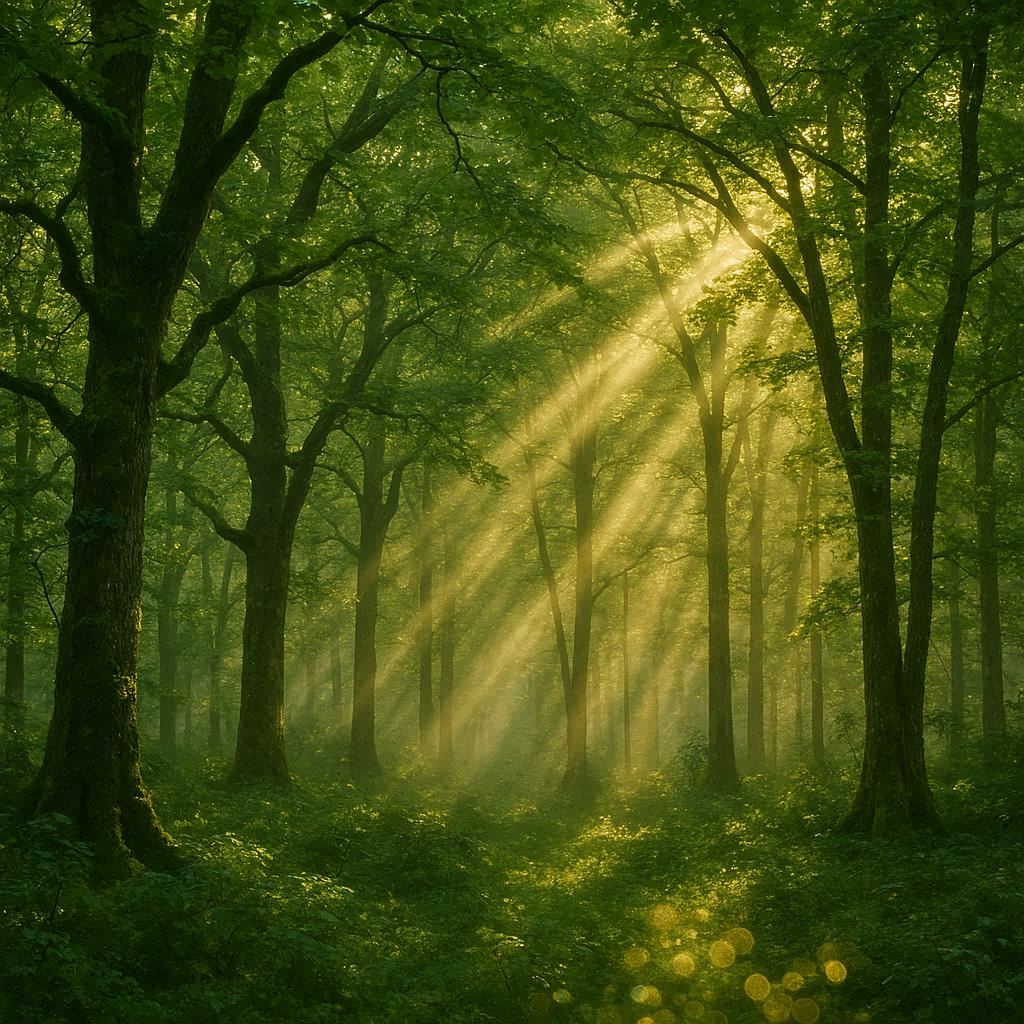 Sunbeams pierce through dense emerald forest canopy, creating ethereal golden bokeh patterns as morning mist dances between ancient oak and maple trees.
