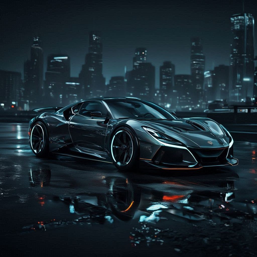 A hyper‑realistic dream car showcased in a dramatic nighttime setting. Sleek aerodynamic body, glossy metallic finish, glowing LED accents, and sculpted curves. Cinematic rim lighting, neon reflections on wet pavement, and a moody futuristic city skyline in the background. Low‑angle hero shot emphasizing power and elegance. Subtle motion blur, crisp details, and a bold, high‑end luxury vibe.。第 1 个图像，共 4 个图像