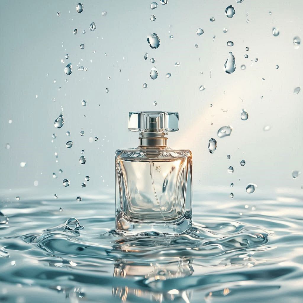 A sculpted glass perfume bottle standing on a glossy, water‑rippled surface that reflects soft shimmering highlights, surrounded by drifting droplets suspended in mid‑air like crystallized mist. The scene is styled in refined minimalist luxury, with the bottle centered against a clean gradient backdrop that transitions from pale aqua to luminous white. Cool diffused studio light creates pristine reflections along the glass edges, while a gentle beam of warm sunrise gold grazes the bottle, adding depth and elegance. Subtle waves of translucent water flow around the base, enhancing the fresh, pure, and high‑end feeling, captured in ultra‑sharp premium product photography with crisp focus and smooth depth of field.。第 3 个图像，共 3 个图像