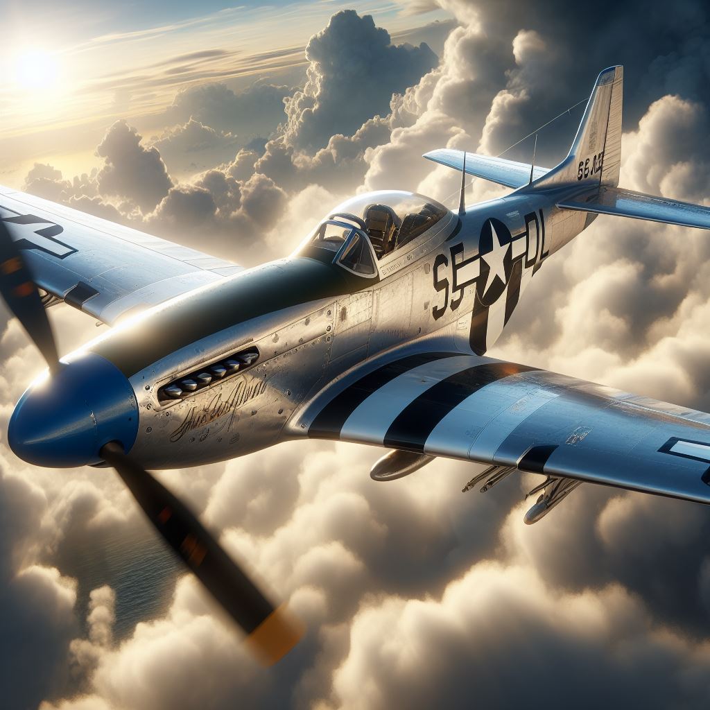 A realistic P-51 Mustang breaking through the clouds with the sun shining on the body, the glass of the cockpit, and the flaps