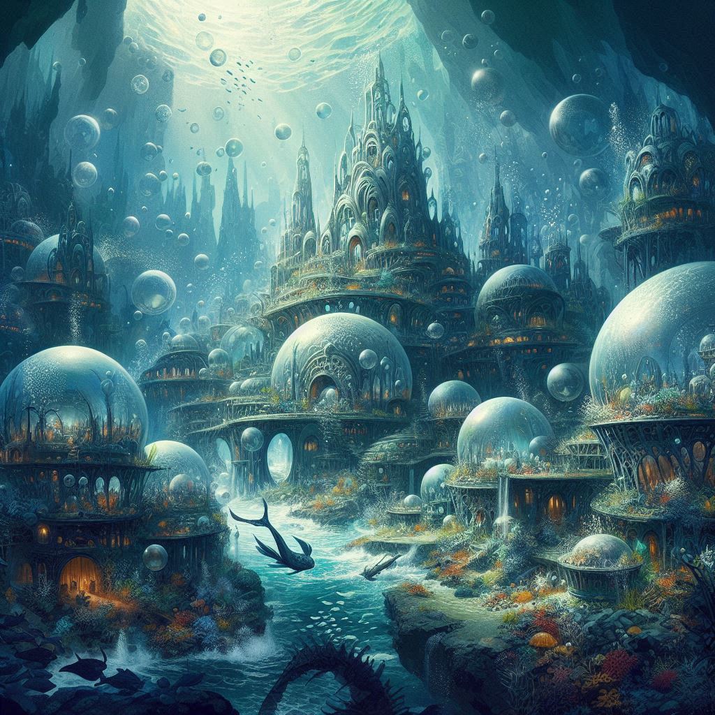 An underwater metropolis with bubble domes, inhabited by merfolk and sea creatures