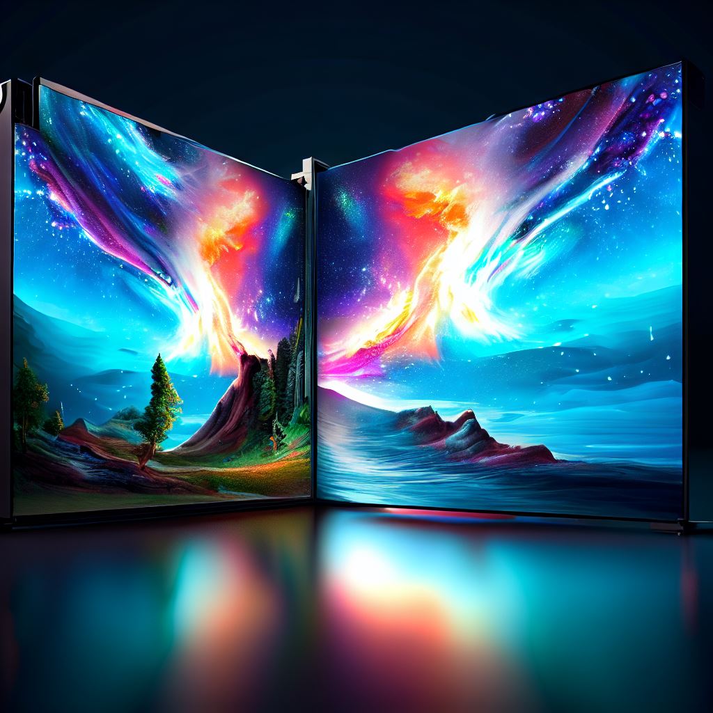 Imagine a monitor that can be folded in half, displaying a stunning animated wallpaper on both sides.
