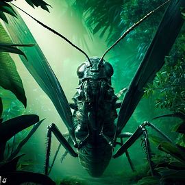 Create an image of a giant locust surrounded by lush greenery.. Image 4 of 4