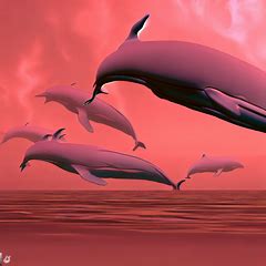 Generate an image of a group of rose-colored flying whales in front of a rose-colored sky.