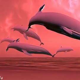Generate an image of a group of rose-colored flying whales in front of a rose-colored sky.. Image 1 of 4