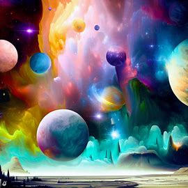 An imaginative representation of the galaxy, with colorful celestial bodies and surreal landscapes.。第 4 个图像，共 4 个图像
