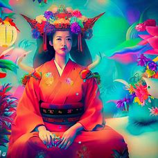 Create a surreal, dreamlike scene inspired by the bright and vibrant culture of Okinawa