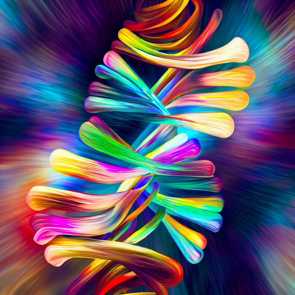 Create an image of a double helix made of vibrant, swirling colors that depicts the beauty and complexity of DNA.