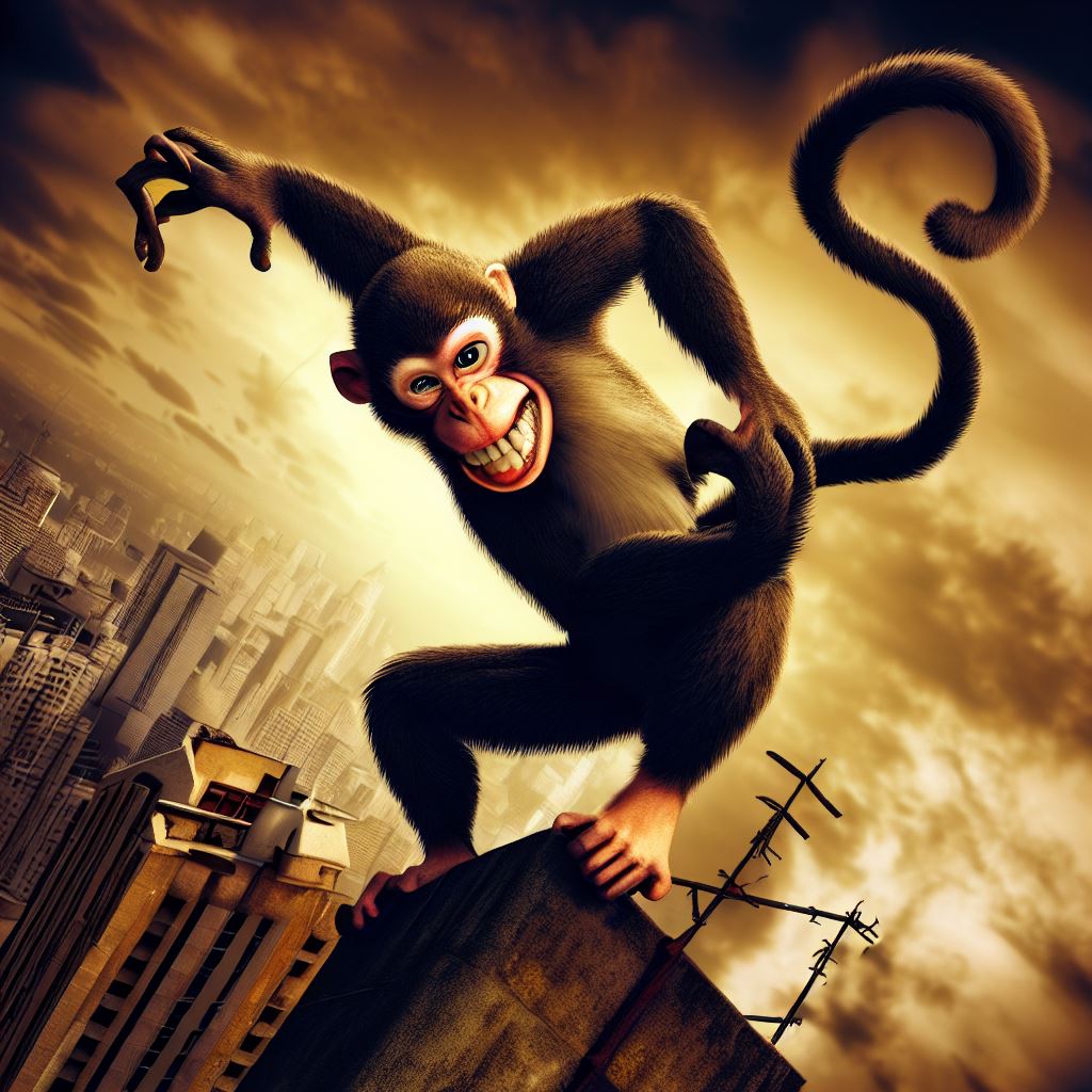 Create an image of a mischievous monkey causing hijinks in a cityscape.。第 3 个图像，共 4 个图像