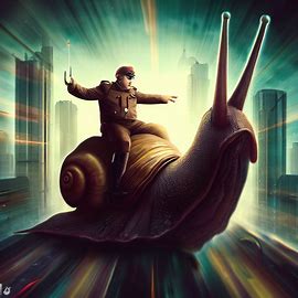Create a surrealist image of Mussolini riding a giant snail through a futuristic city.. Image 3 of 4