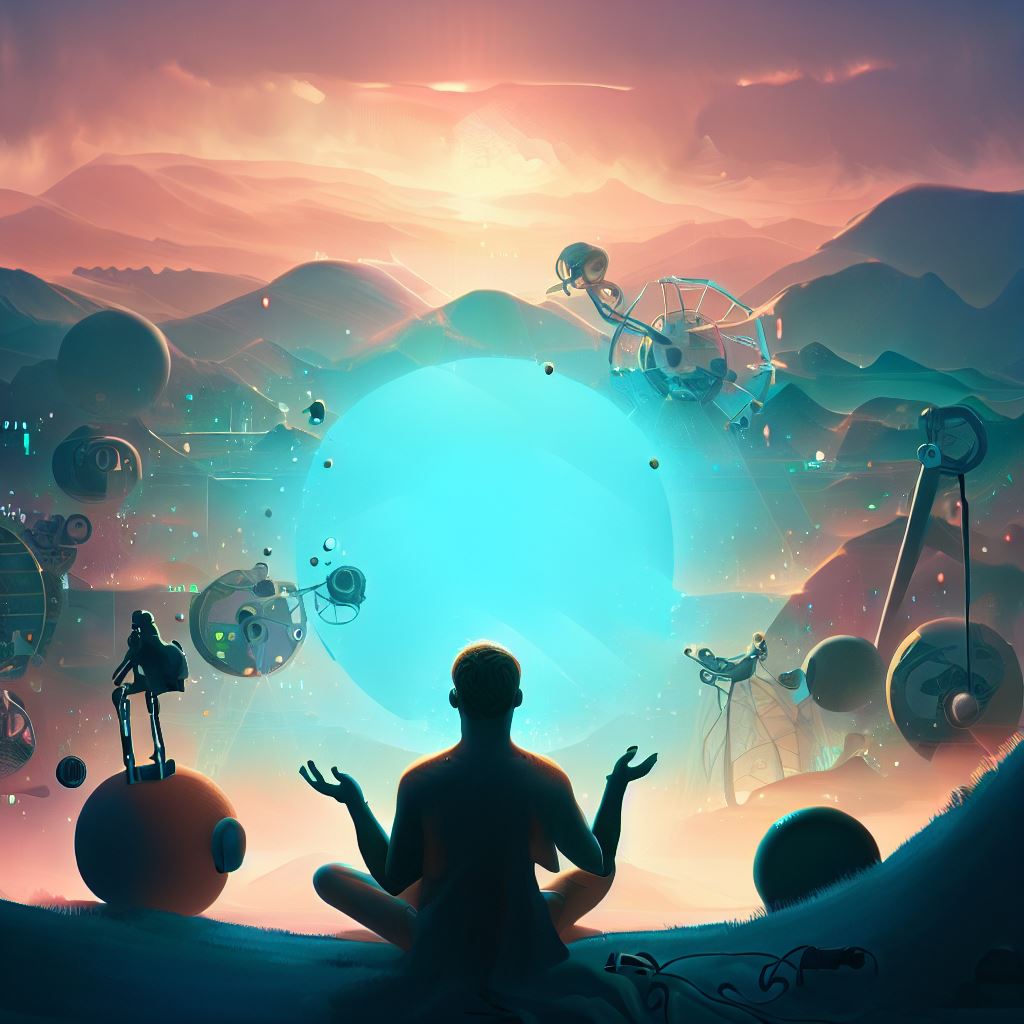 Show a scene where the advancements in technology have creates a world full of abundance and peace, with a focus on the relationship between humans and technology.