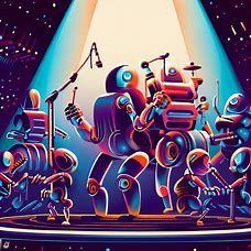 An illustration of a group of futuristic robots forming a band and playing music on the stage.