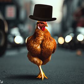 Picture a self-assured chicken wearing a top hat and confidently walking down a busy city street.. Image 4 of 4