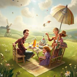 Create a whimsical and joyful scene of a family having a picnic in the countryside.. Image 2 of 4