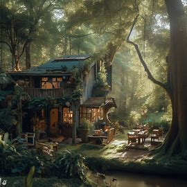 Create a unique and beautiful cafe in the heart of a lush forest surrounded by magnificent trees and diverse wildlife. Image 3 of 4