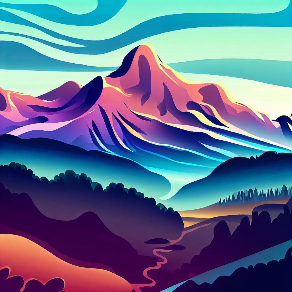 Create a beautiful and stylized vector illustration of a majestic mountain range with vibrant and lush landscapes
