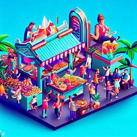 Build a vibrant, interactive image of a bustling street food market, featuring a diverse. Image 2 of 4