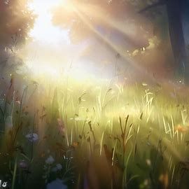 Visualize a peaceful sunlit scene with tall grass and wildflowers. Image 1 of 4