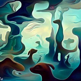 Paint a surreal landscape of an underwater world inhabited by abstract dogs.. Image 2 of 4