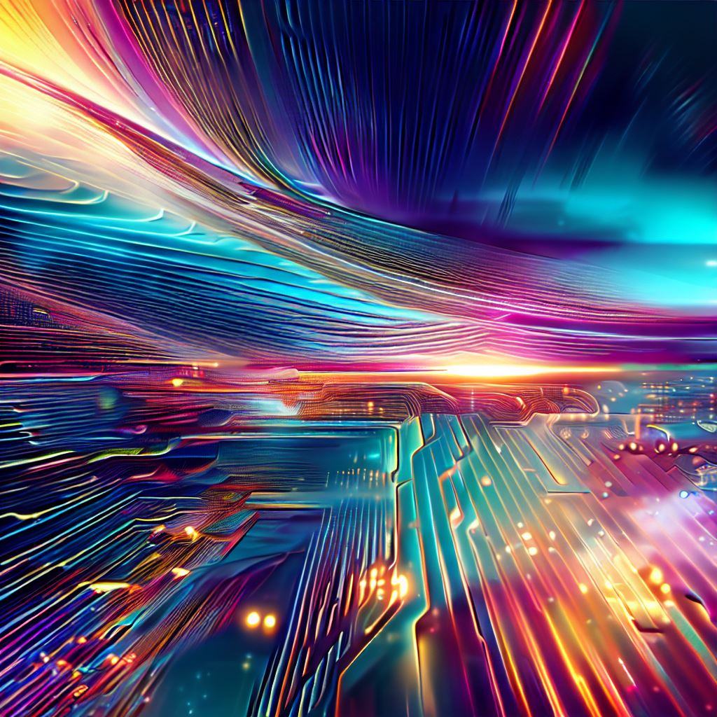 Design an intricate and mesmerizing computer wallpaper background with a vibrant and colorful digital landscape.