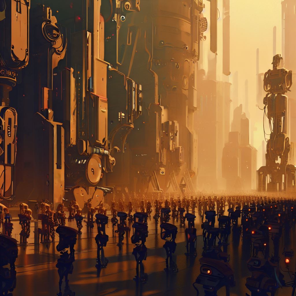 Think of a city that has been taken over by robots, with towering metal structures replacing bustling streets and bustling crowds with robots going about their business.。第 3 个图像，共 4 个图像