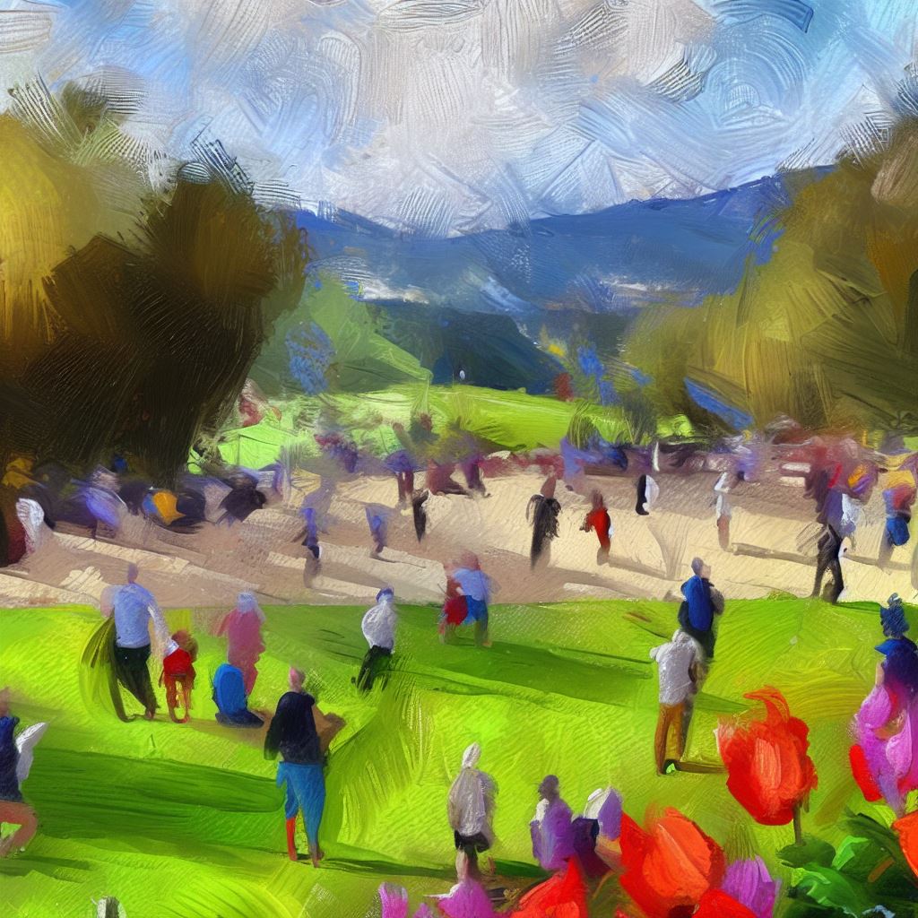 Paint a picture of a bustling city park as people play and relax on a sunny spring day, with vibrant flowers and rolling green hills in the background.
