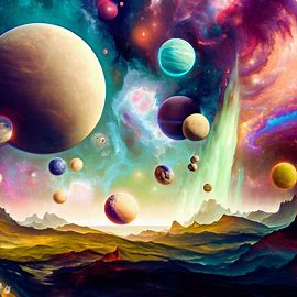 An imaginative representation of the galaxy, with colorful celestial bodies and surreal landscapes.。第 1 个图像，共 4 个图像
