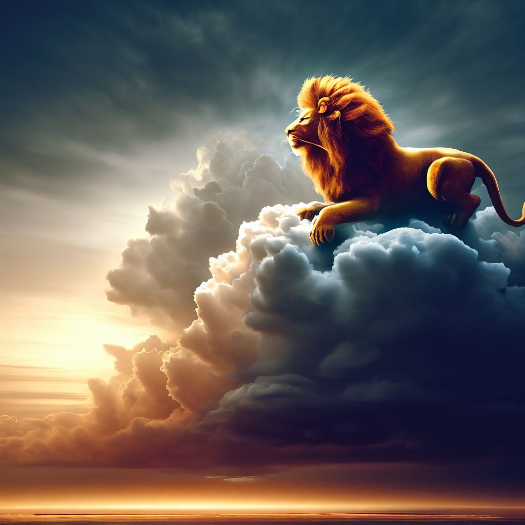 Make an image of a breathtaking scene of a lion riding on a thundercloud.