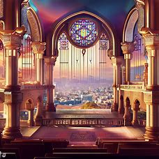 Imagine a grand and majestic synagogue with intricate architecture and stained glass windows overlooking a peaceful city skyline.