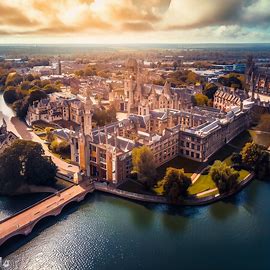 Create a stunning aerial view of Cambridge, UK with its iconic buildings and river. Image 2 of 4