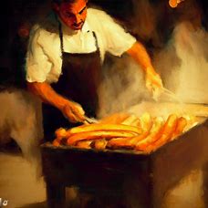 Paint a picture of a street vendor selling hot, fresh baguettes.