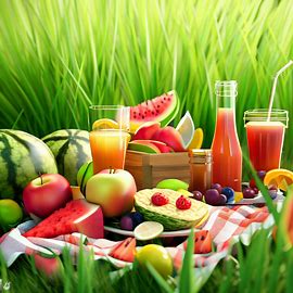 Render a delicious summer picnicking scene with fresh fruit and drinks surrounded by lush green grass.. Image 4 of 4