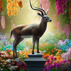 Create an image of an antelope standing on a pedestal in a beautiful garden surrounded by colourful flowers.